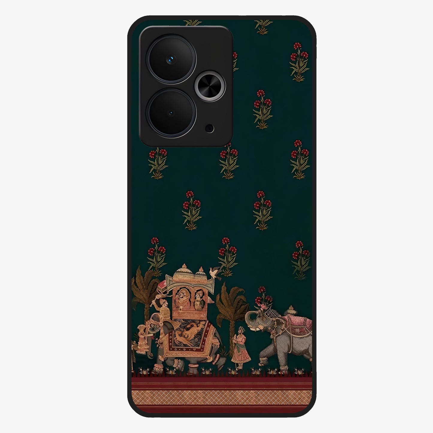Macmerise Glass Case showing flat back view with stylish modern artwork and glossy glass finish.