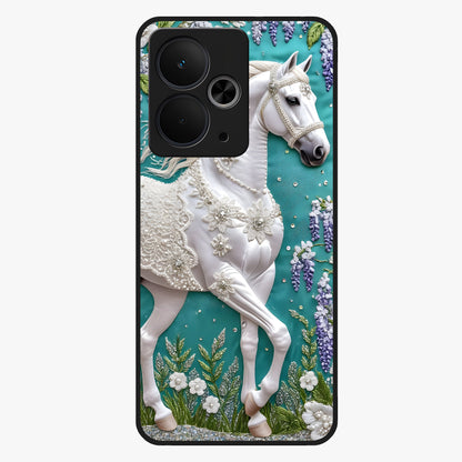 Majestic Floral Stallion Glass Case showing flat back view with powerful horse and floral artwork and glossy glass finish.