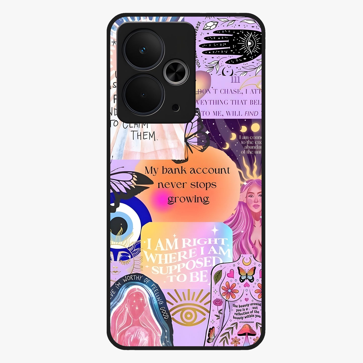 Manifestation Collage Glass Case showing flat back view with motivational collage artwork and glossy glass finish.