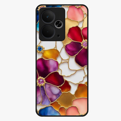 Marble Flower Pattern Glass Case showing flat back view with marble texture floral artwork and glossy glass finish.