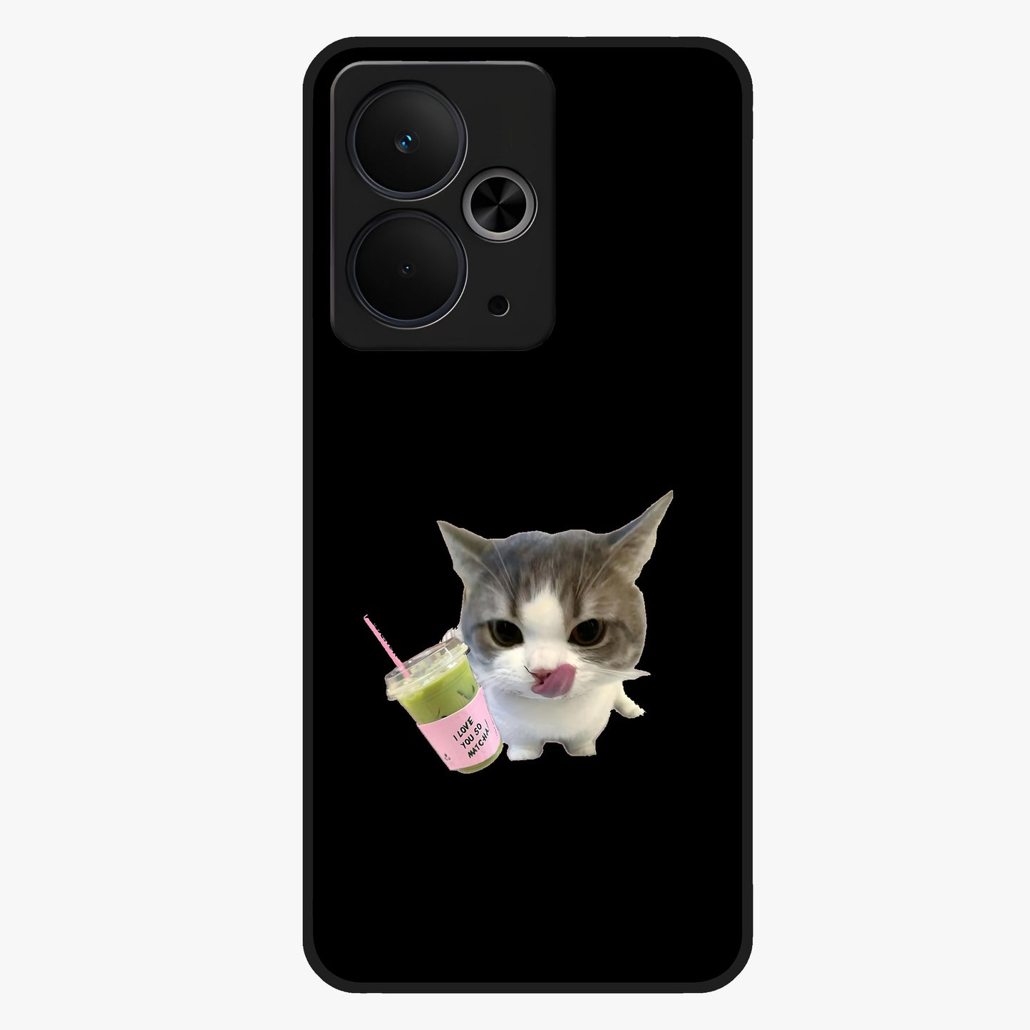 Matcha Cat Style Glass Case showing flat back view with cute matcha themed cat artwork and glossy glass finish.
