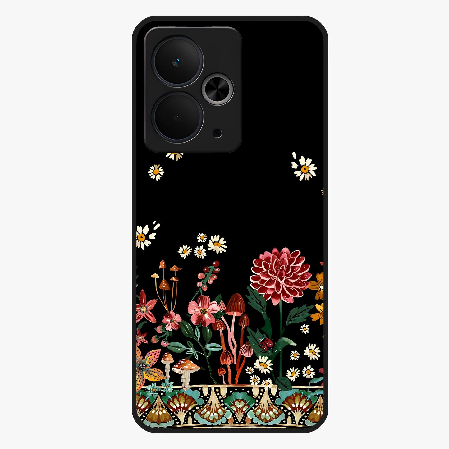 Midnight Bloom Pattern Glass Case showing flat back view with dark floral pattern artwork and glossy glass finish.