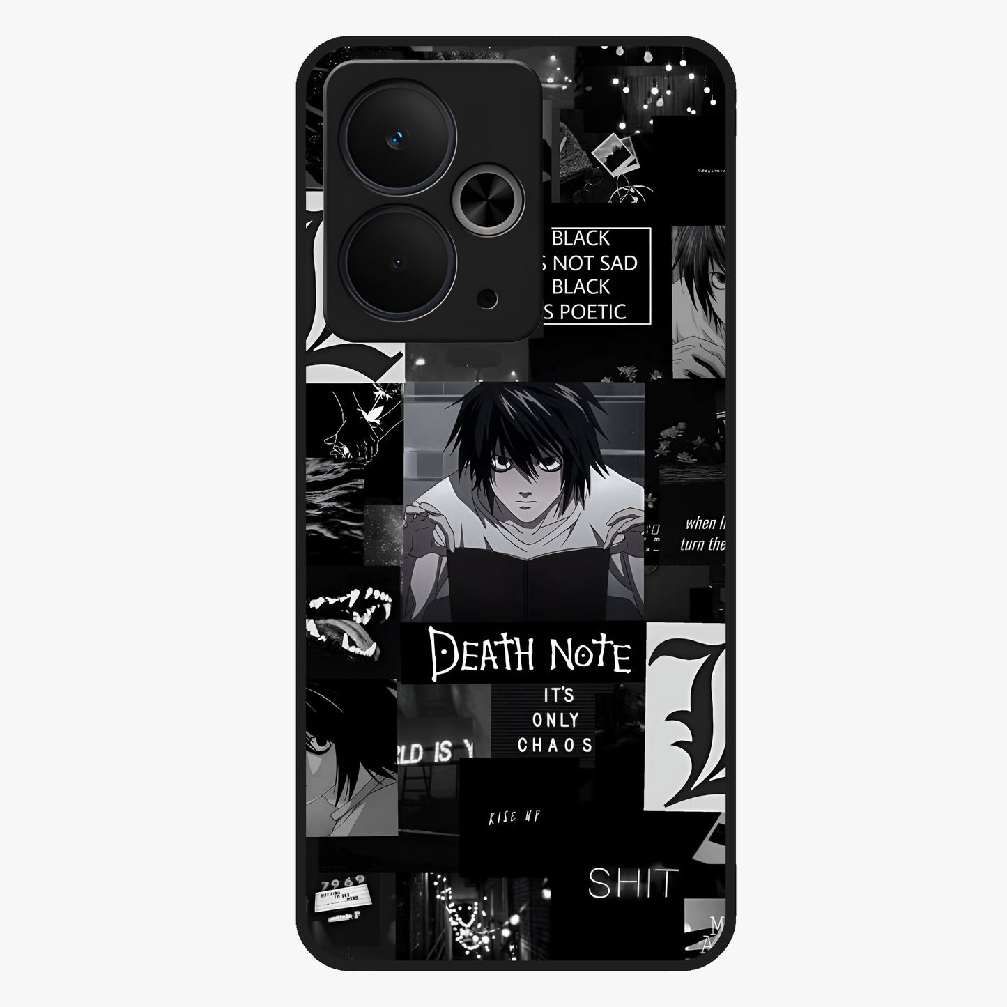 Midnight Chaos Mind Glass Case showing flat back view with abstract dark themed artwork and glossy glass finish.