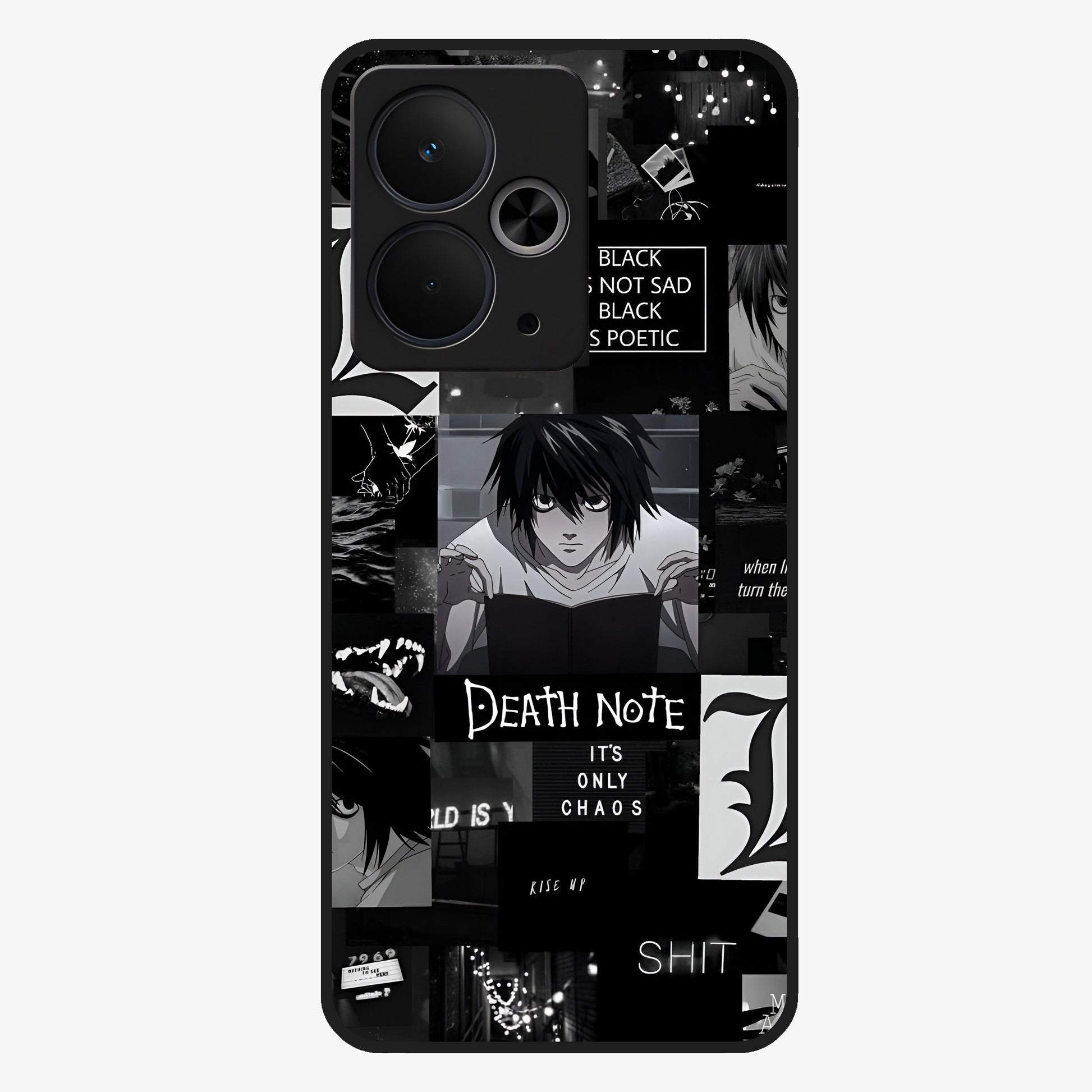 Midnight Chaos Mind Glass Case showing flat back view with abstract dark themed artwork and glossy glass finish.