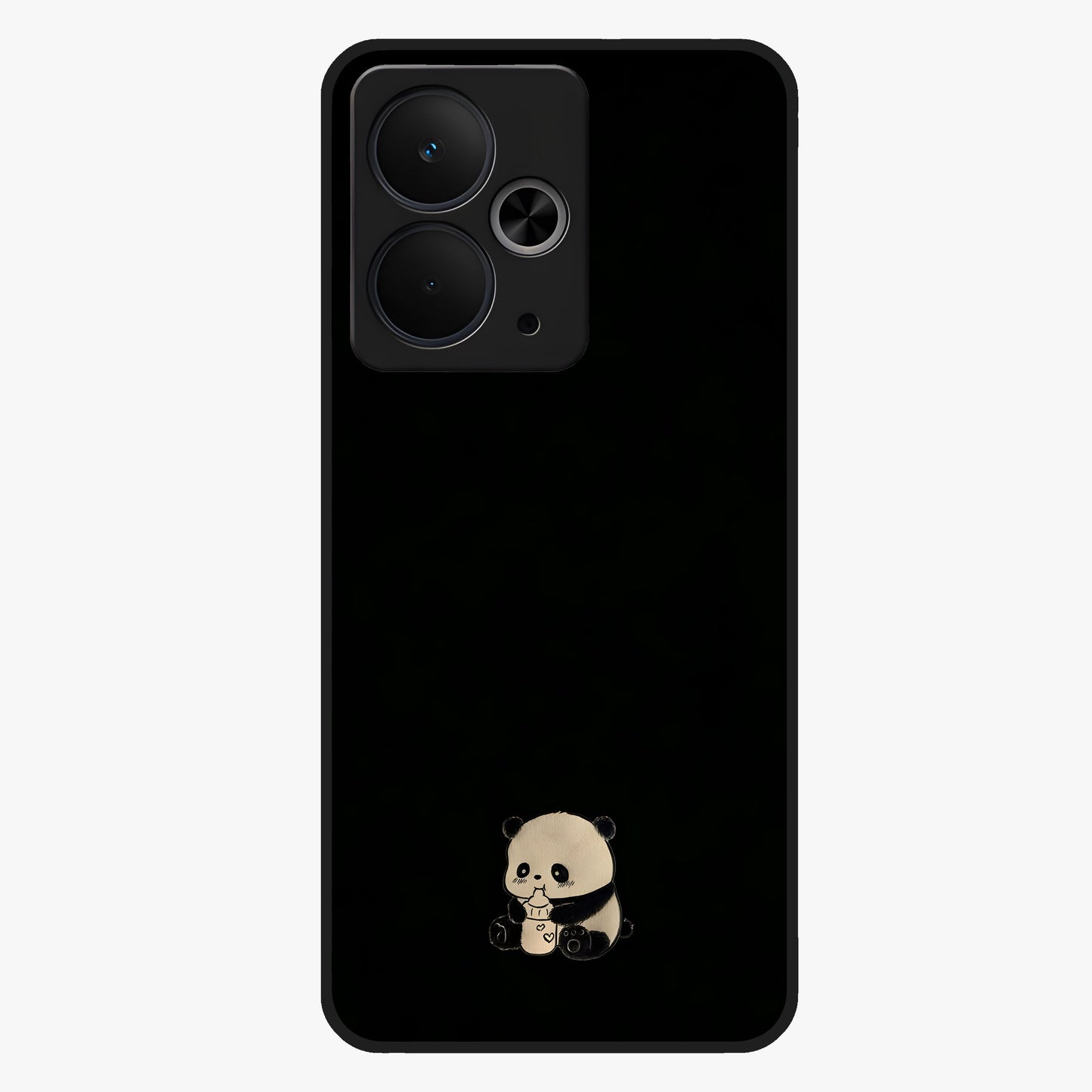 Midnight Panda Love Glass Case showing flat back view with cute panda themed artwork and glossy glass finish.