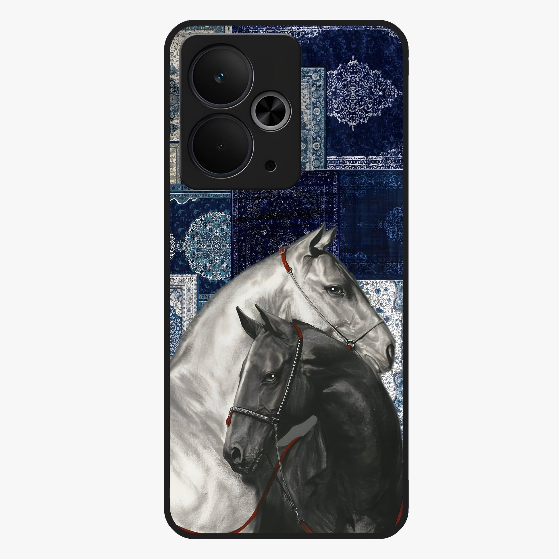 Midnight Stallion Blues Glass Case showing flat back view with majestic horse artwork and glossy glass finish.