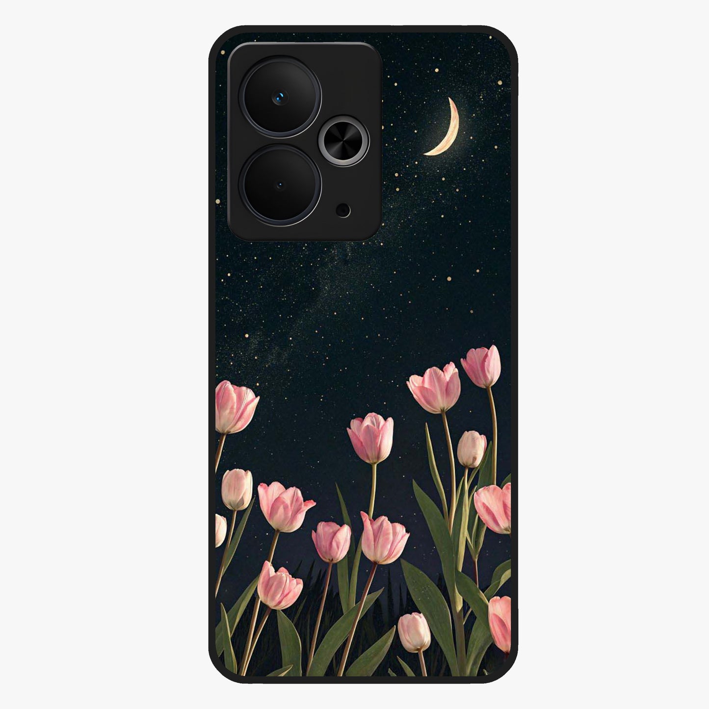 Midnight Tulip Whispers Vibe Glass Case showing flat back view with elegant tulip flower artwork and glossy glass finish.