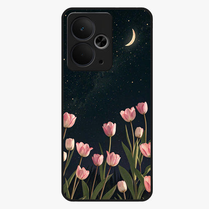 Midnight Tulip Whispers Vibe Glass Case showing flat back view with elegant tulip flower artwork and glossy glass finish.