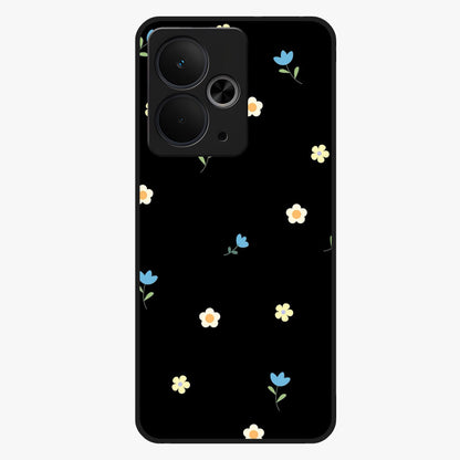 Minimalistic Blue With White Flower Pattern Glass Case showing flat back view with blue background and white flower pattern and glossy glass finish.