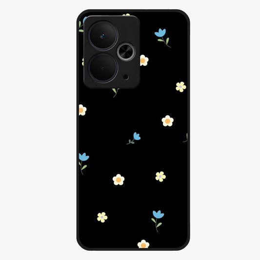 Minimalistic Blue With White Flower Pattern Glass Case showing flat back view with blue background and white flower pattern and glossy glass finish.