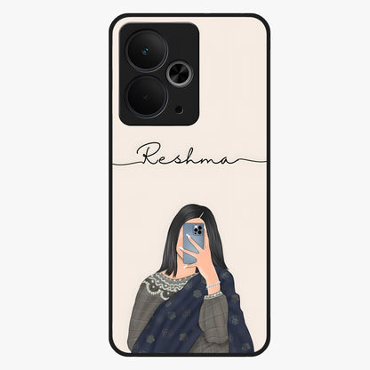Mirror Mood Muse With Custom Name Glass Case showing flat back view with stylish mirrored artwork and personalized name design.