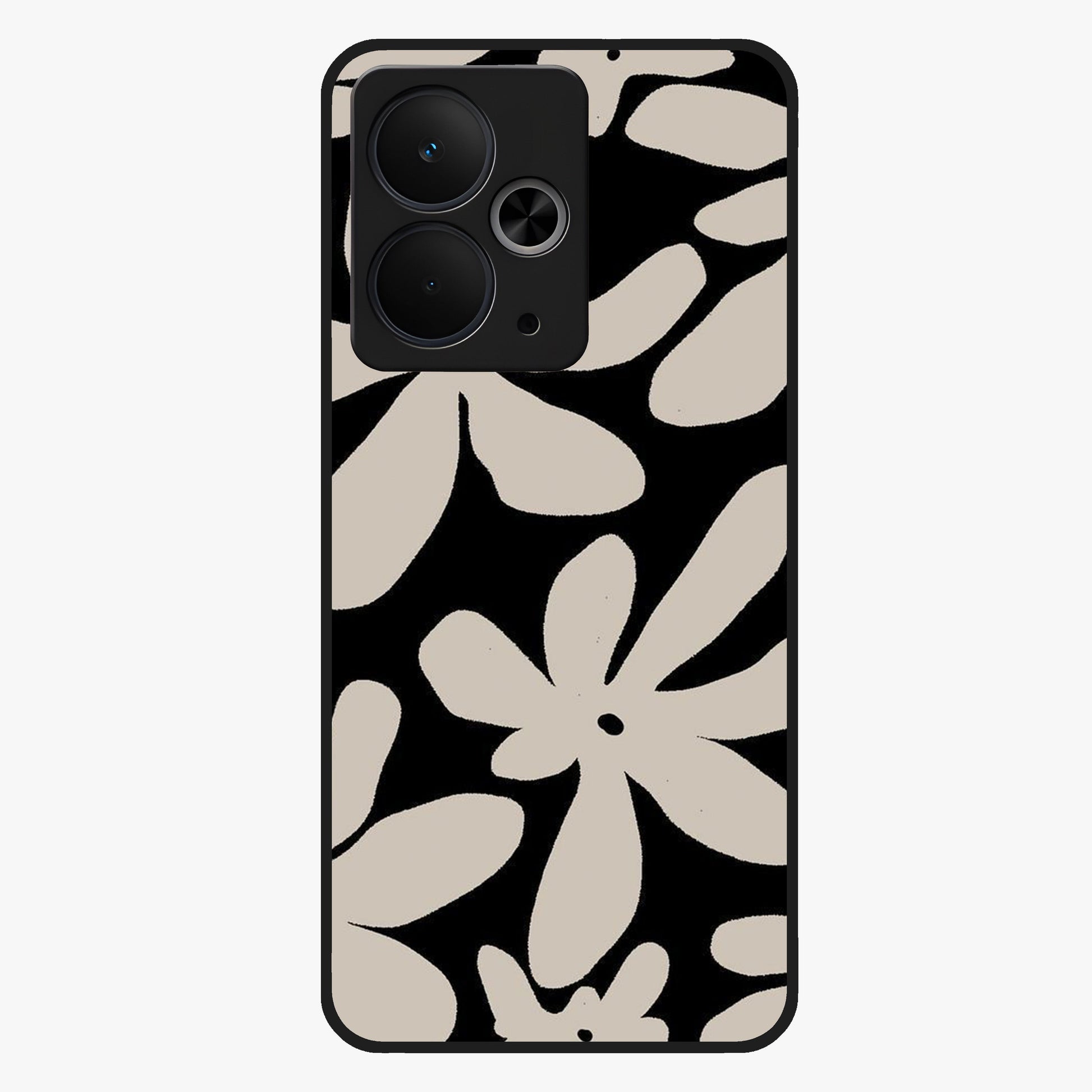 Monochrome Petal Dance Glass Case showing flat back view with monochrome floral artwork and glossy glass finish.