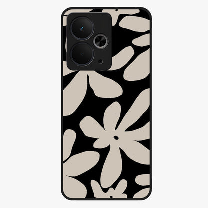 Monochrome Petal Dance Glass Case showing flat back view with monochrome floral artwork and glossy glass finish.