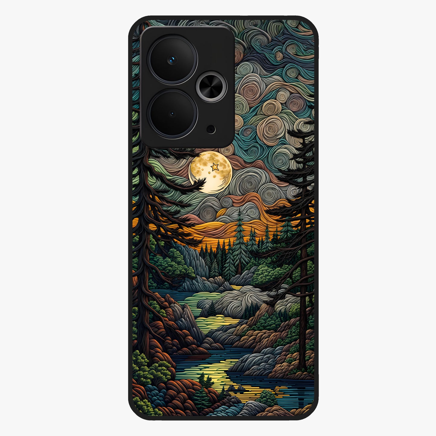 Moonlight Forest Dream Glass Case showing flat back view with mystical forest moonlight artwork and glossy glass finish.