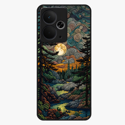 Moonlight Forest Dream Glass Case showing flat back view with mystical forest moonlight artwork and glossy glass finish.