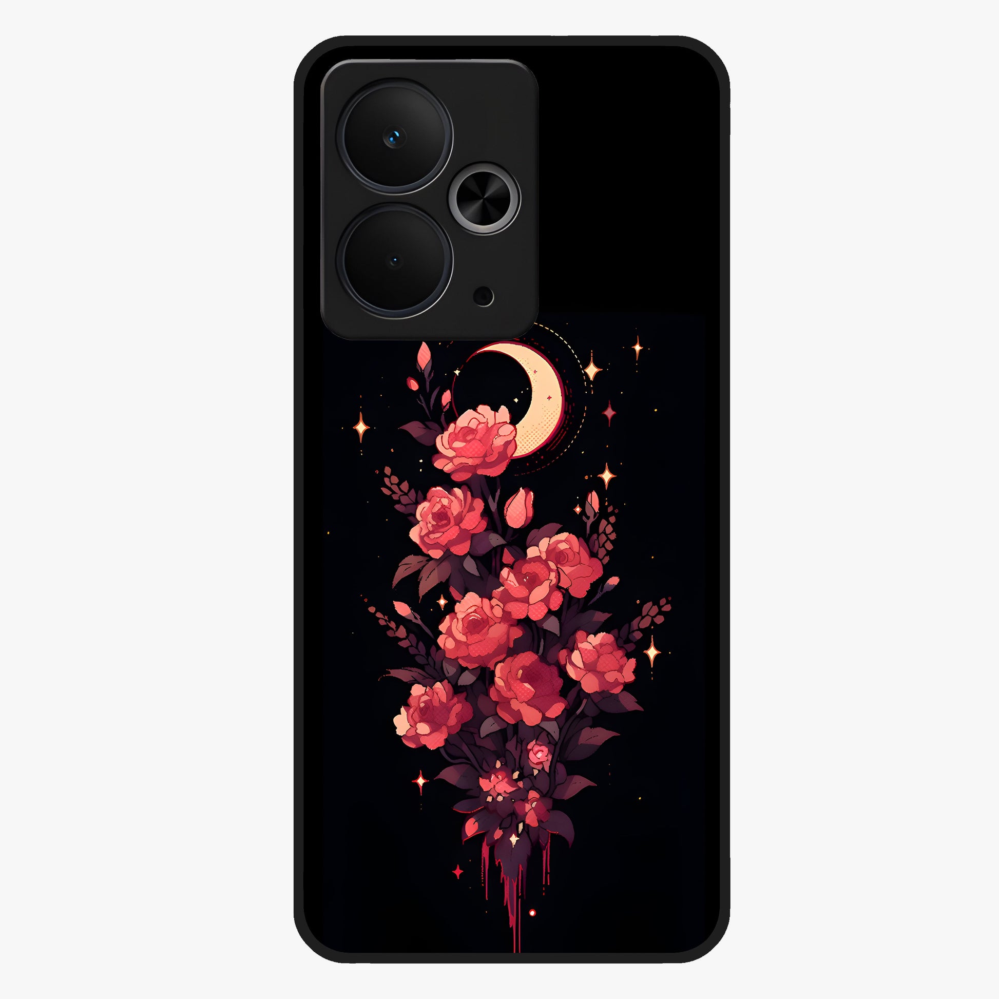 Moonlit Floral Elegance Glass Case showing flat back view with elegant floral artwork under moonlit tones and glossy glass finish.