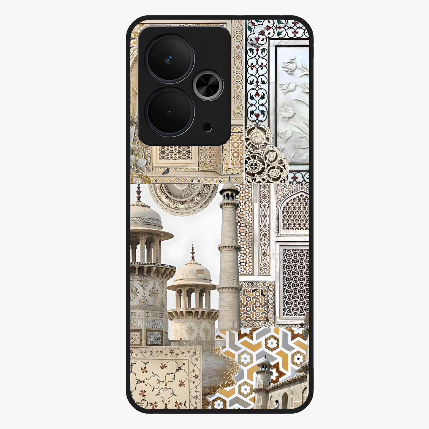 Mughal Marble Legacy Glass Case showing flat back view with intricate Mughal inspired marble pattern and glossy glass finish.