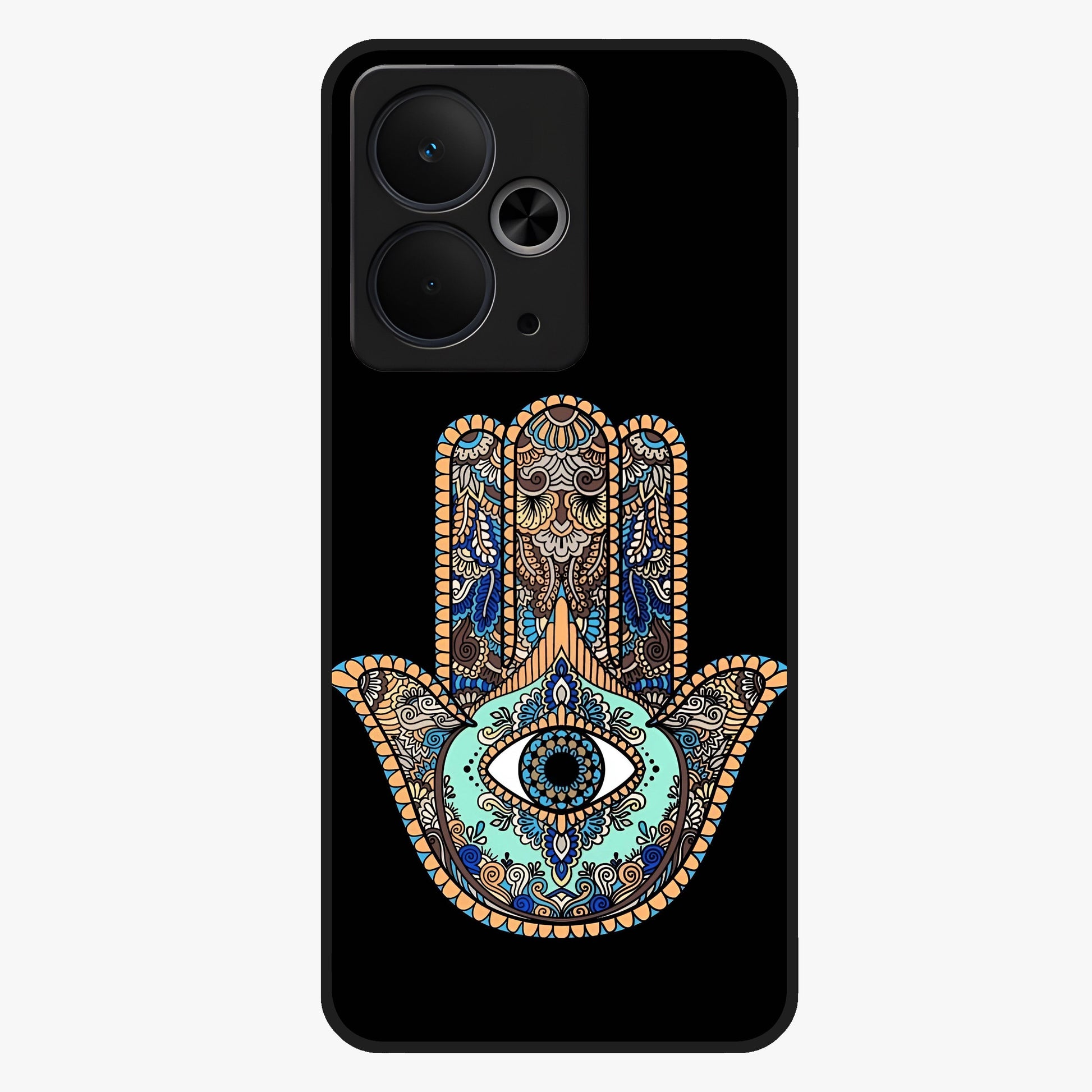Mystic Hamsa Eye Glass Case showing flat back view with protective hamsa hand and evil eye artwork and glossy glass finish.