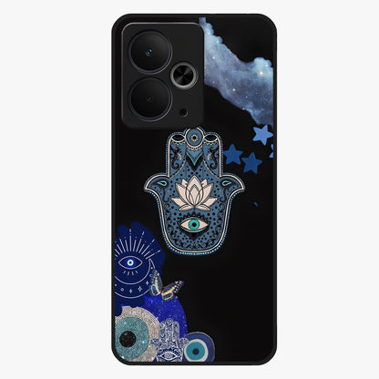 Mystic Hand Aura Glass Case showing flat back view with mystical hand symbol artwork and glossy glass finish.