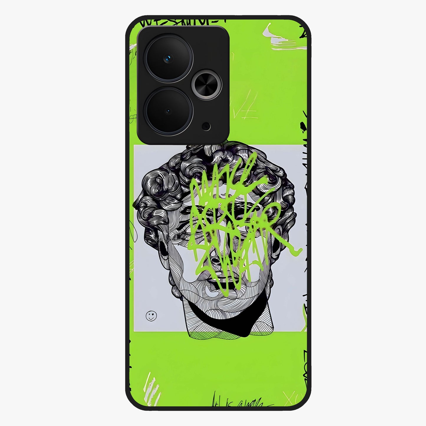 Neo Graffiti Rebellion Glass Case showing flat back view with vibrant graffiti artwork and glossy glass finish.