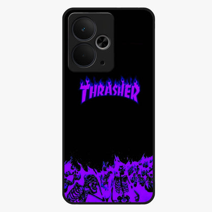 Neon Flame Riot Glass Case showing flat back view with neon flame artwork and glossy glass finish.
