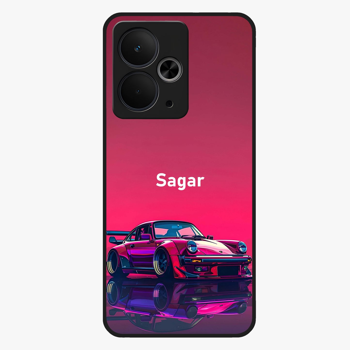 Neon Pink Porsche Glass Case showing flat back view with stylish sports car artwork and glossy glass finish.