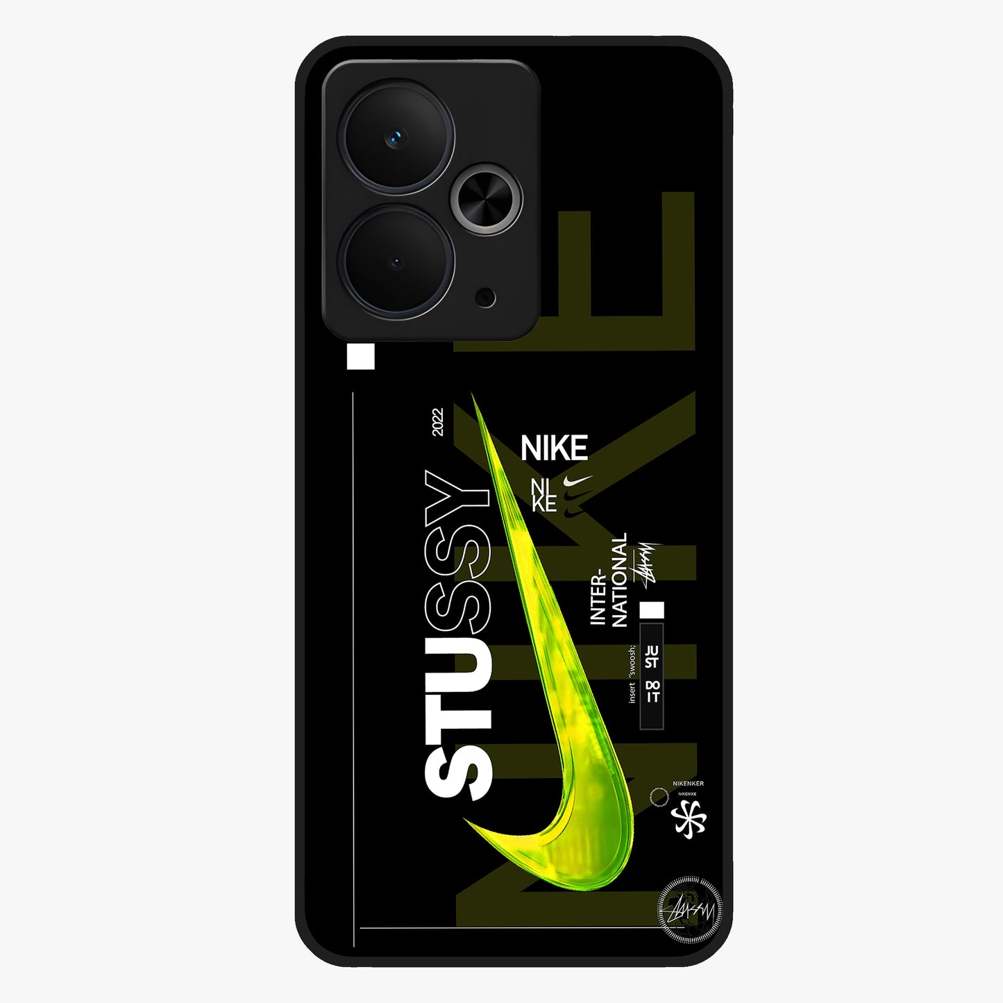 Neon Street Edition Glass Case showing flat back view with neon street style artwork and glossy glass finish.