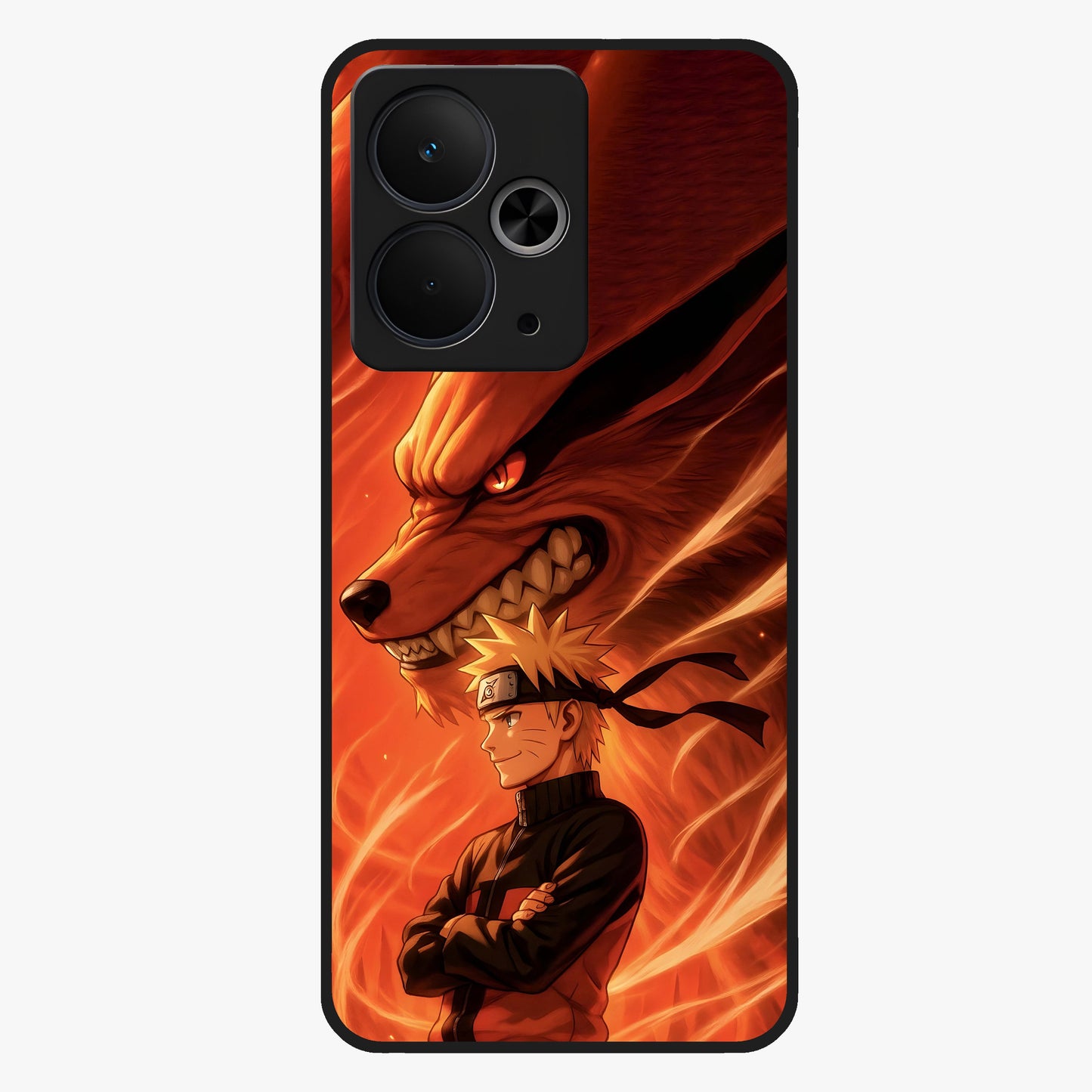 Nine Tails Legacy Glass Case showing flat back view with powerful nine-tailed fox inspired artwork and glossy glass finish.