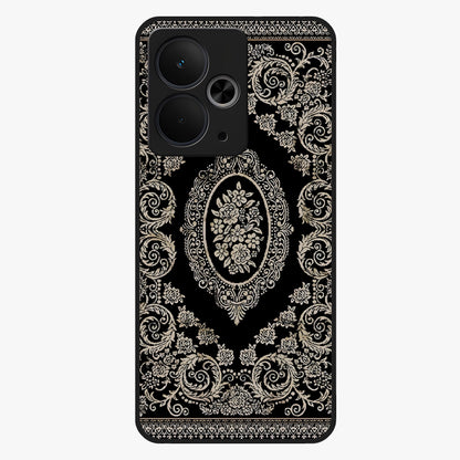 Noir Bloom Elegance Glass Case showing flat back view with elegant dark floral artwork and glossy glass finish.
