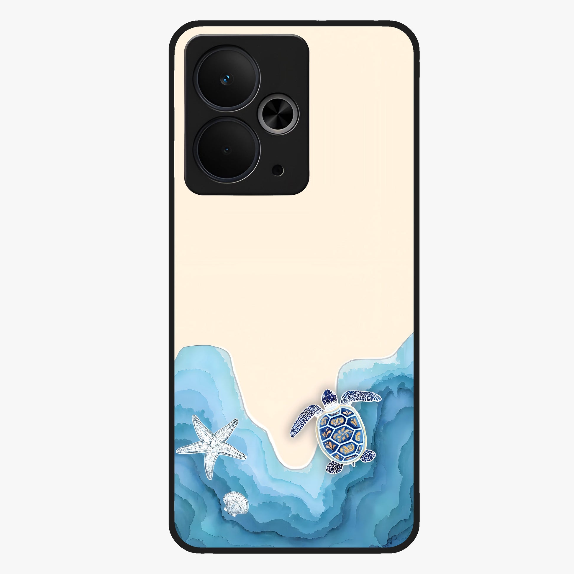 Ocean Drift Turtle Glass Case showing flat back view with sea turtle artwork and glossy glass finish.
