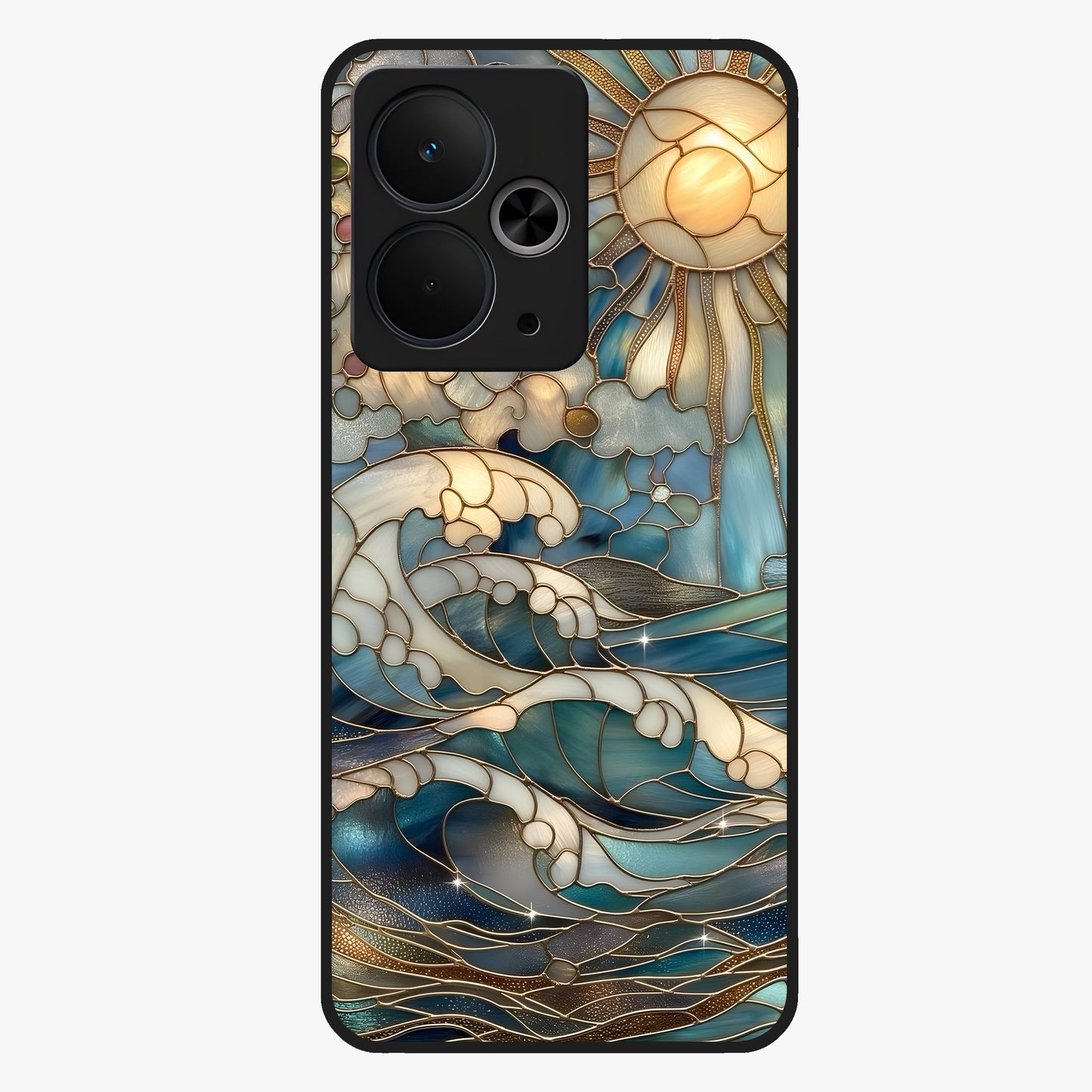 Oceanic Stained Printed Glass Case showing flat back view with ocean inspired stained pattern artwork and glossy glass finish.