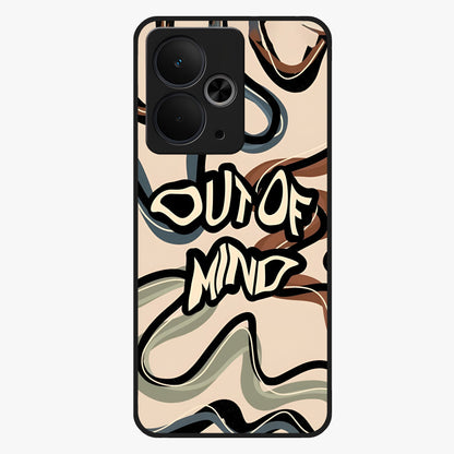 Out Of Mind Glass Case showing flat back view with expressive typography artwork and glossy glass finish.