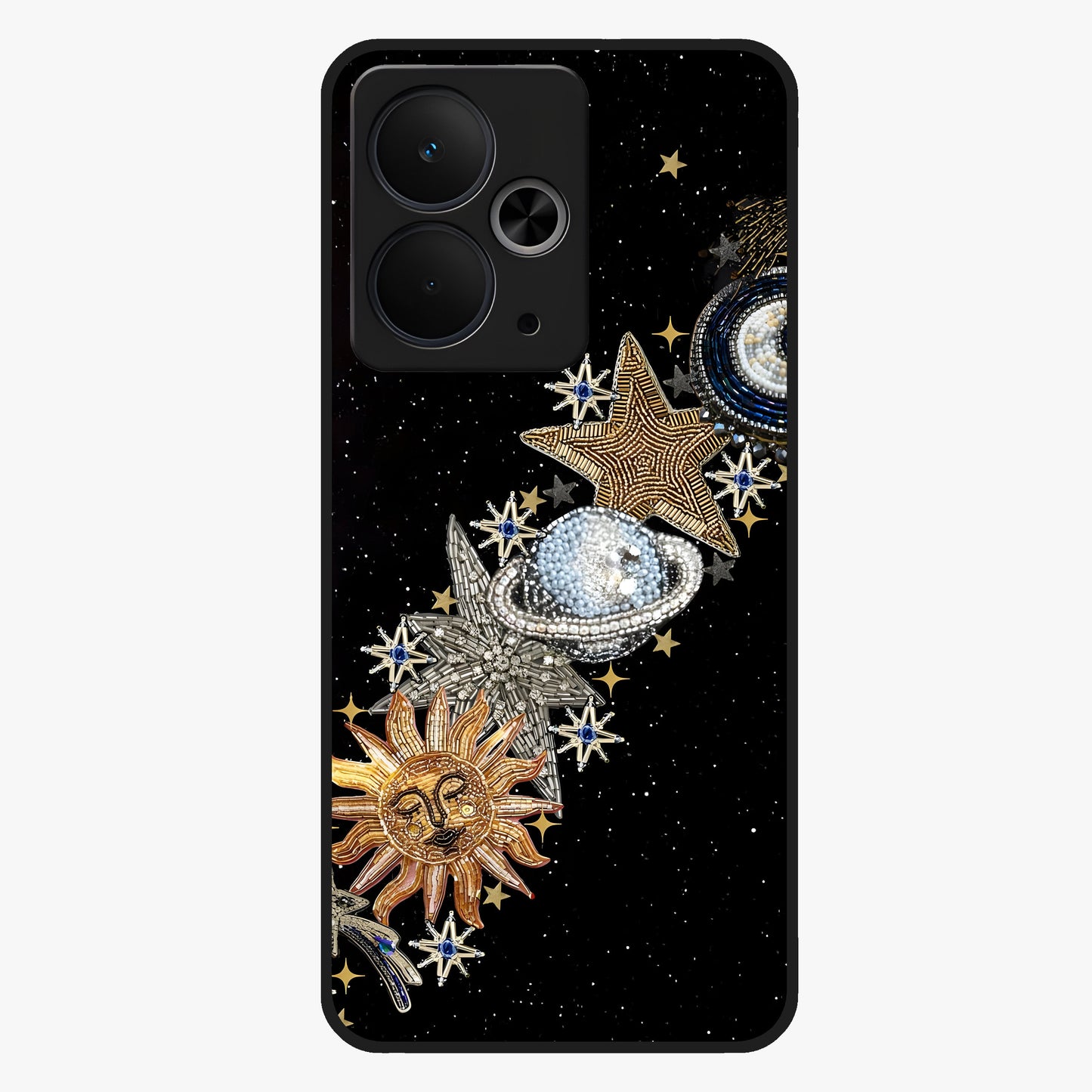 Pearls Universe Object Glass Case showing flat back view with pearl inspired cosmic artwork and glossy glass finish.
