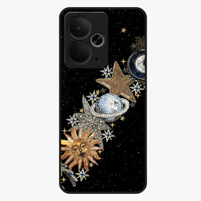 Pearls Universe Object Glass Case showing flat back view with pearl inspired cosmic artwork and glossy glass finish.