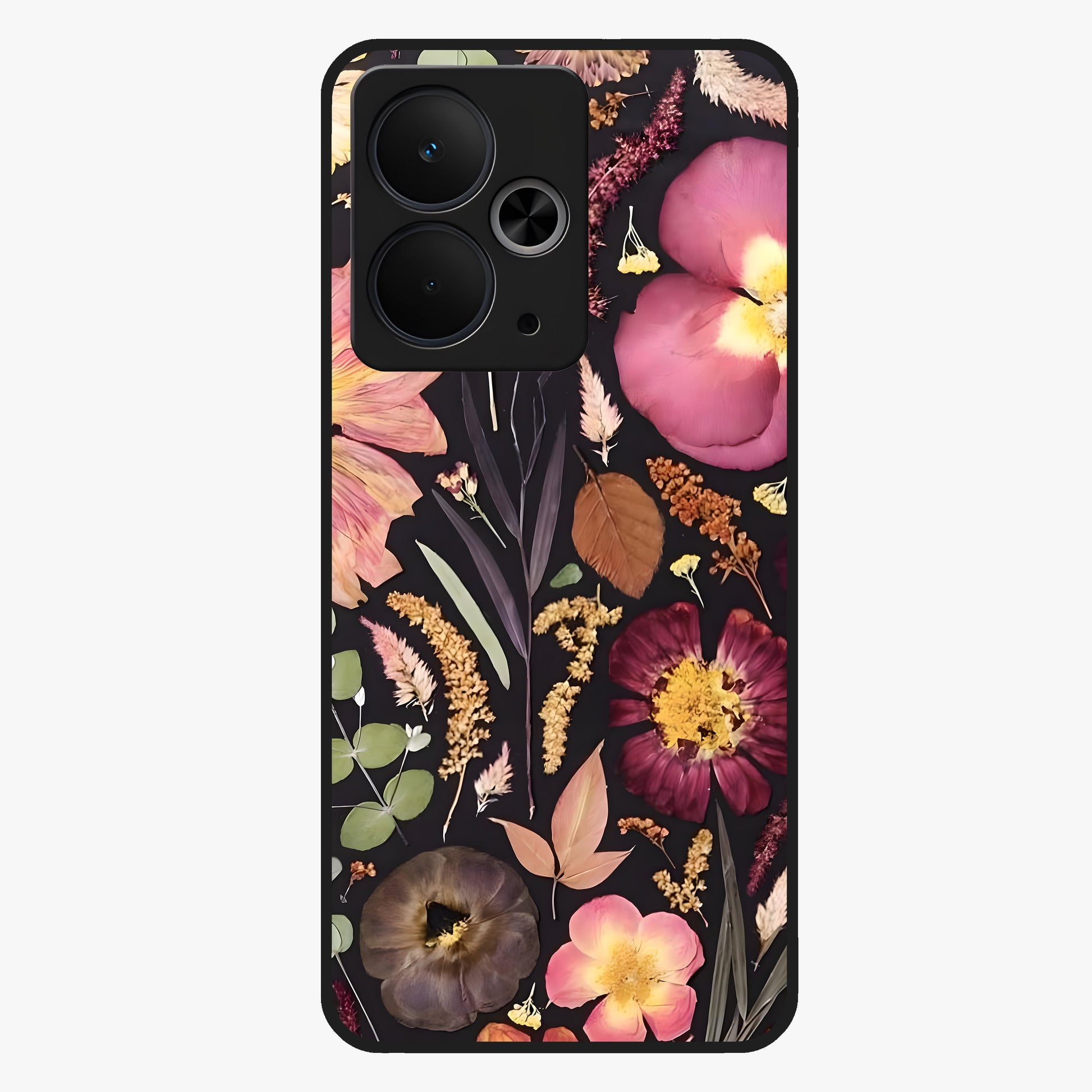 Petal Dream Tapestry Glass Case showing flat back view with intricate floral tapestry artwork and glossy glass finish.