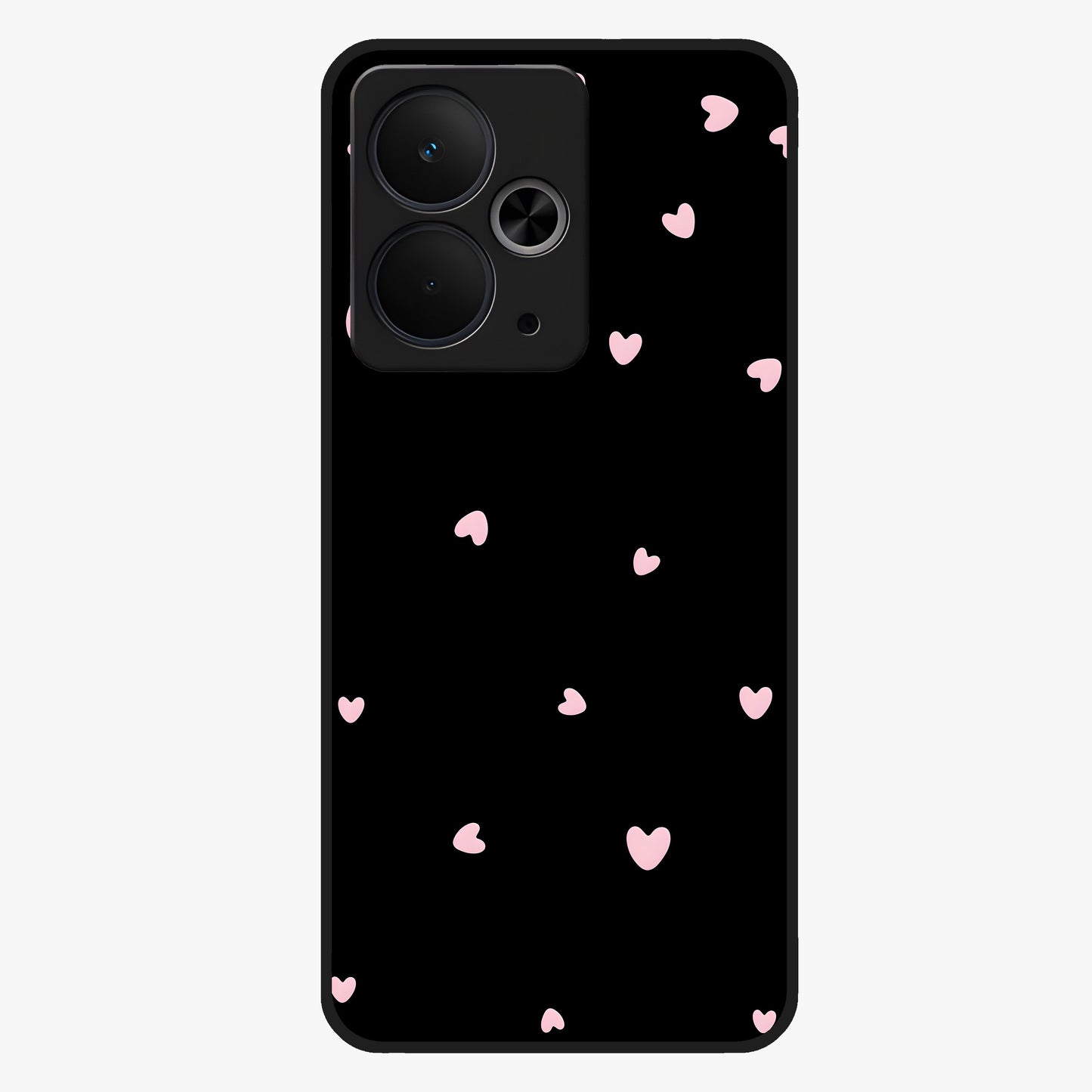 Pink Love Drops Glass Case showing flat back view with playful pink heart drops artwork and glossy glass finish.
