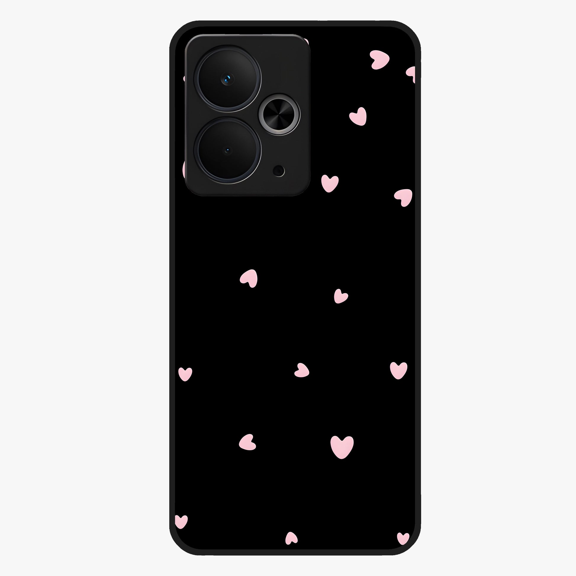 Pink Love Drops Glass Case showing flat back view with playful pink heart drops artwork and glossy glass finish.