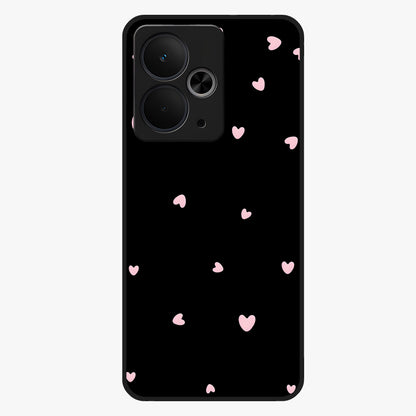 Pink Love Drops Glass Case showing flat back view with playful pink heart drops artwork and glossy glass finish.