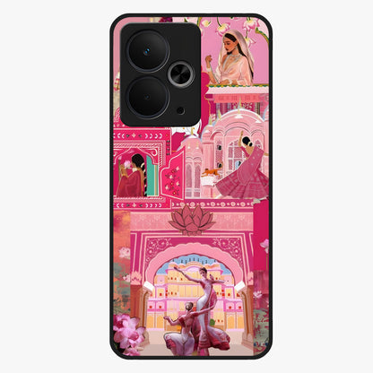 Pink Palace Muse Glass Case showing flat back view with elegant palace inspired artwork and glossy glass finish.