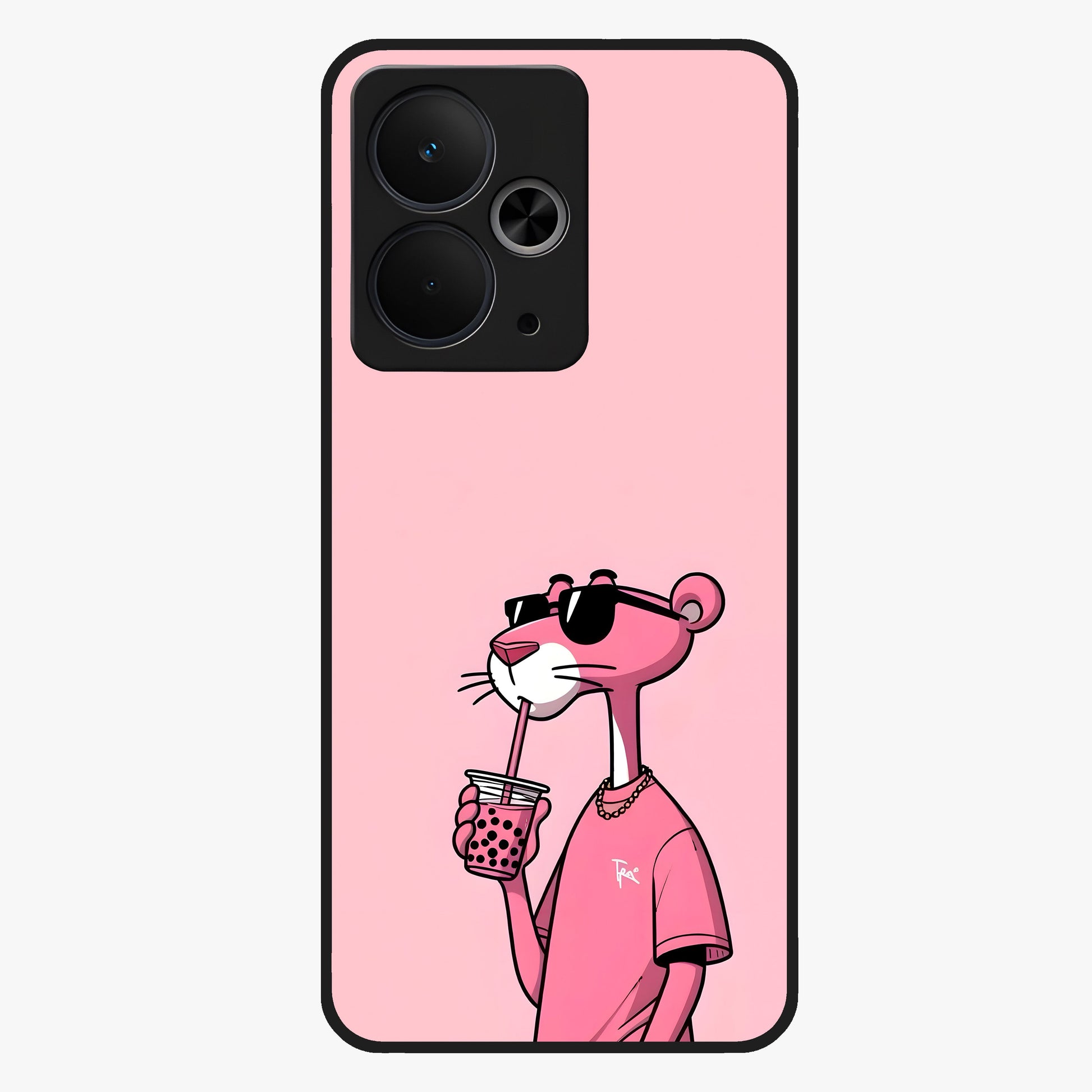 Pink Panther Glass Case showing flat back view with iconic pink panther artwork and glossy glass finish.
