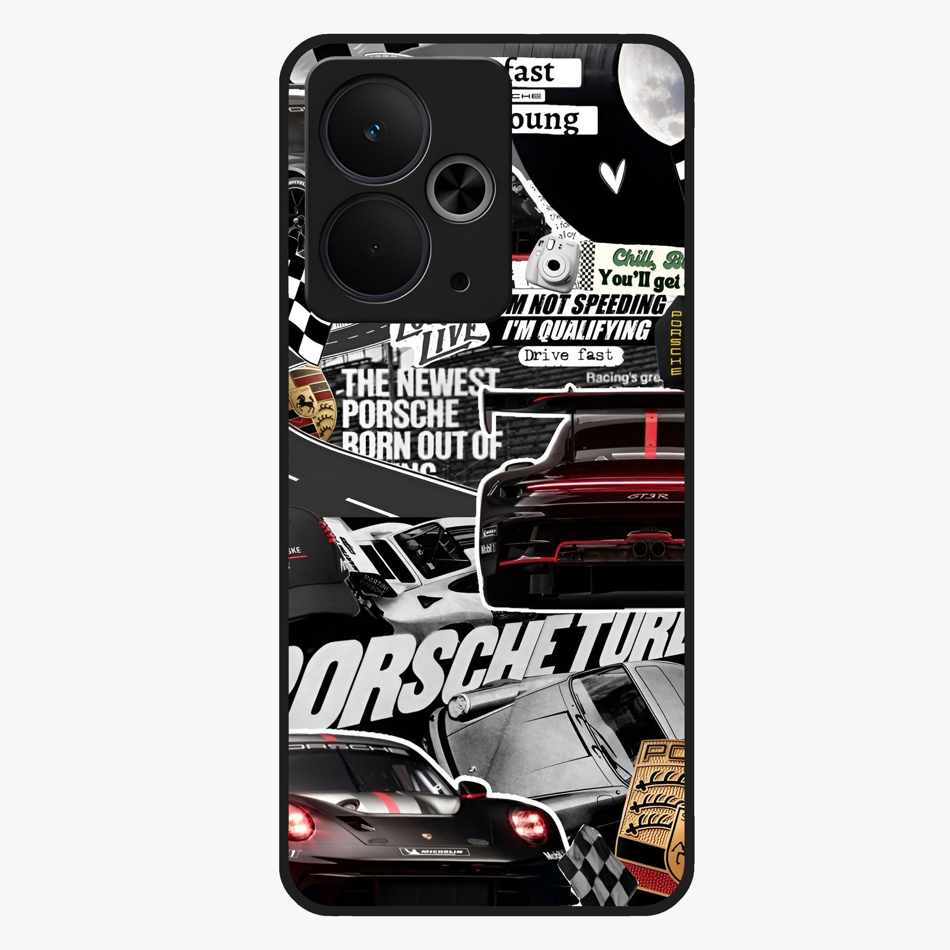 Porsche Racing Collage Glass Case showing flat back view with sports car racing collage artwork and glossy glass finish.