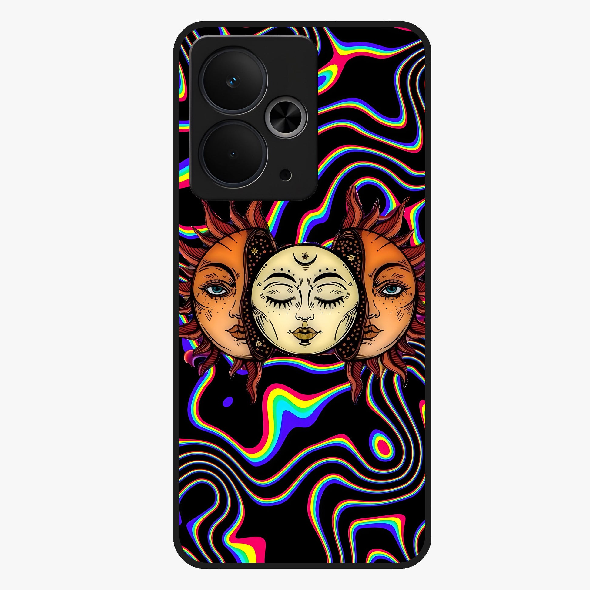 Psychedelic Sun Glass Case showing flat back view with colorful psychedelic sun artwork and glossy glass finish.