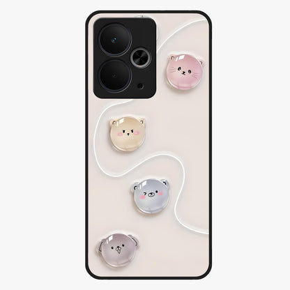 Puffy Face Parade Glass Case showing flat back view with cute puffy character faces artwork and glossy glass finish.