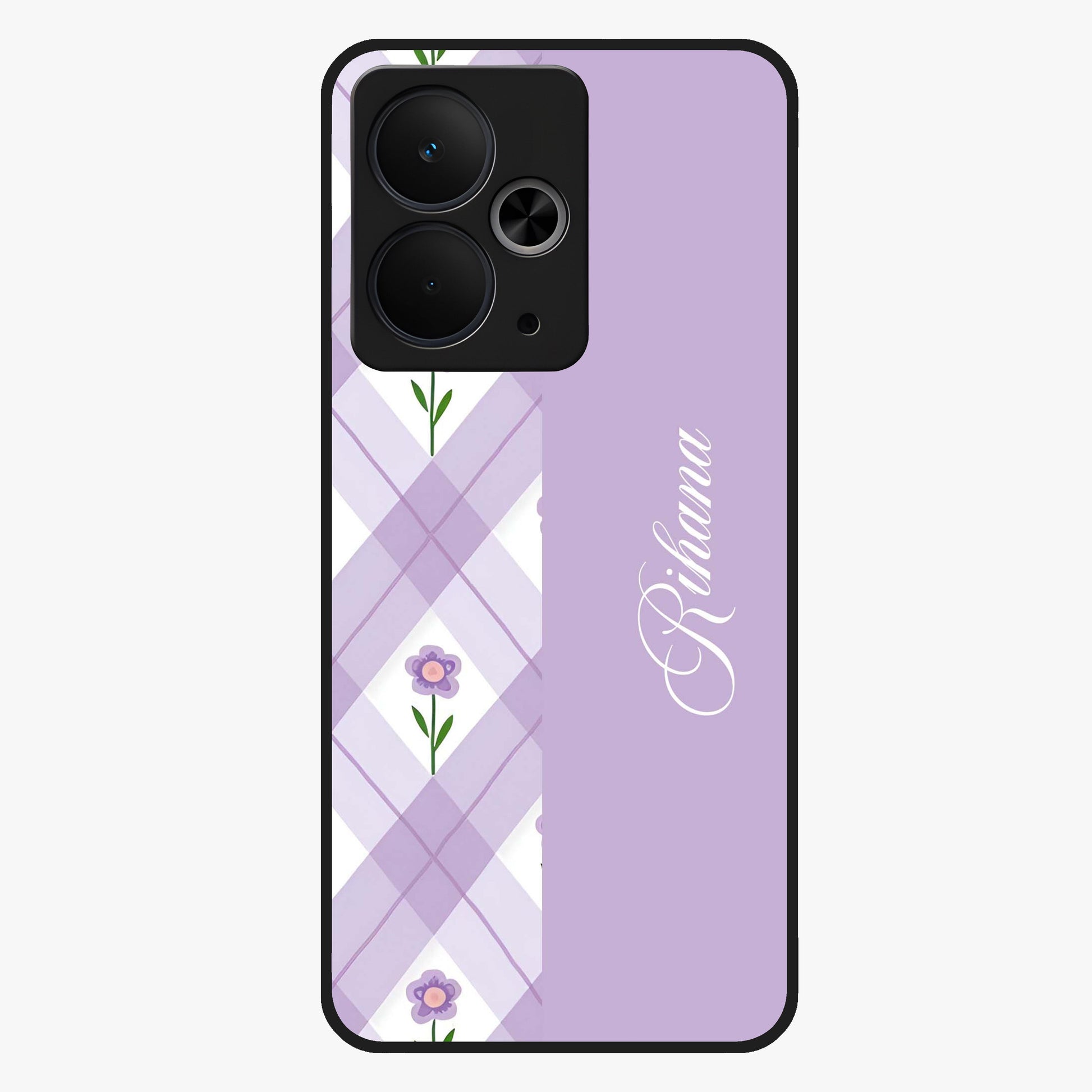 Purple Diamond Floral Glass Case showing flat back view with diamond shaped floral artwork and glossy glass finish.