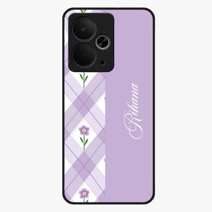 Purple Diamond Floral Glass Case showing flat back view with diamond shaped floral artwork and glossy glass finish.