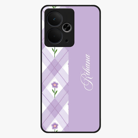Purple Diamond Floral Glass Case showing flat back view with diamond shaped floral artwork and glossy glass finish.