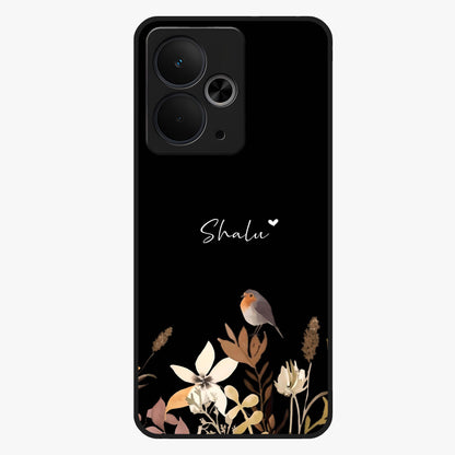 Quiet Garden Tune Custom Name Glass Case showing flat back view with peaceful garden artwork and personalized name design.