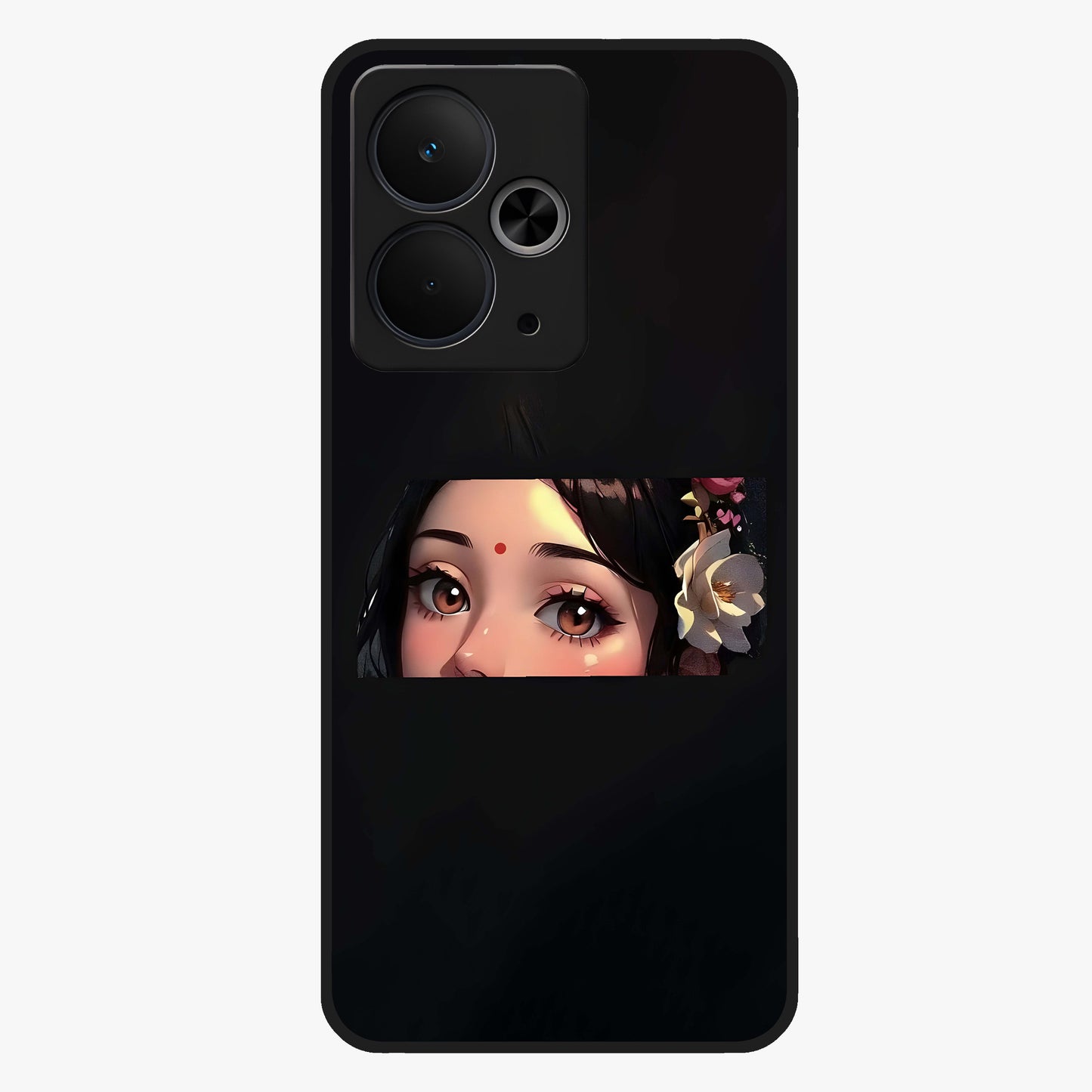Radha Divine Embrace Glass Case showing flat back view with devotional Radha artwork and glossy glass finish.