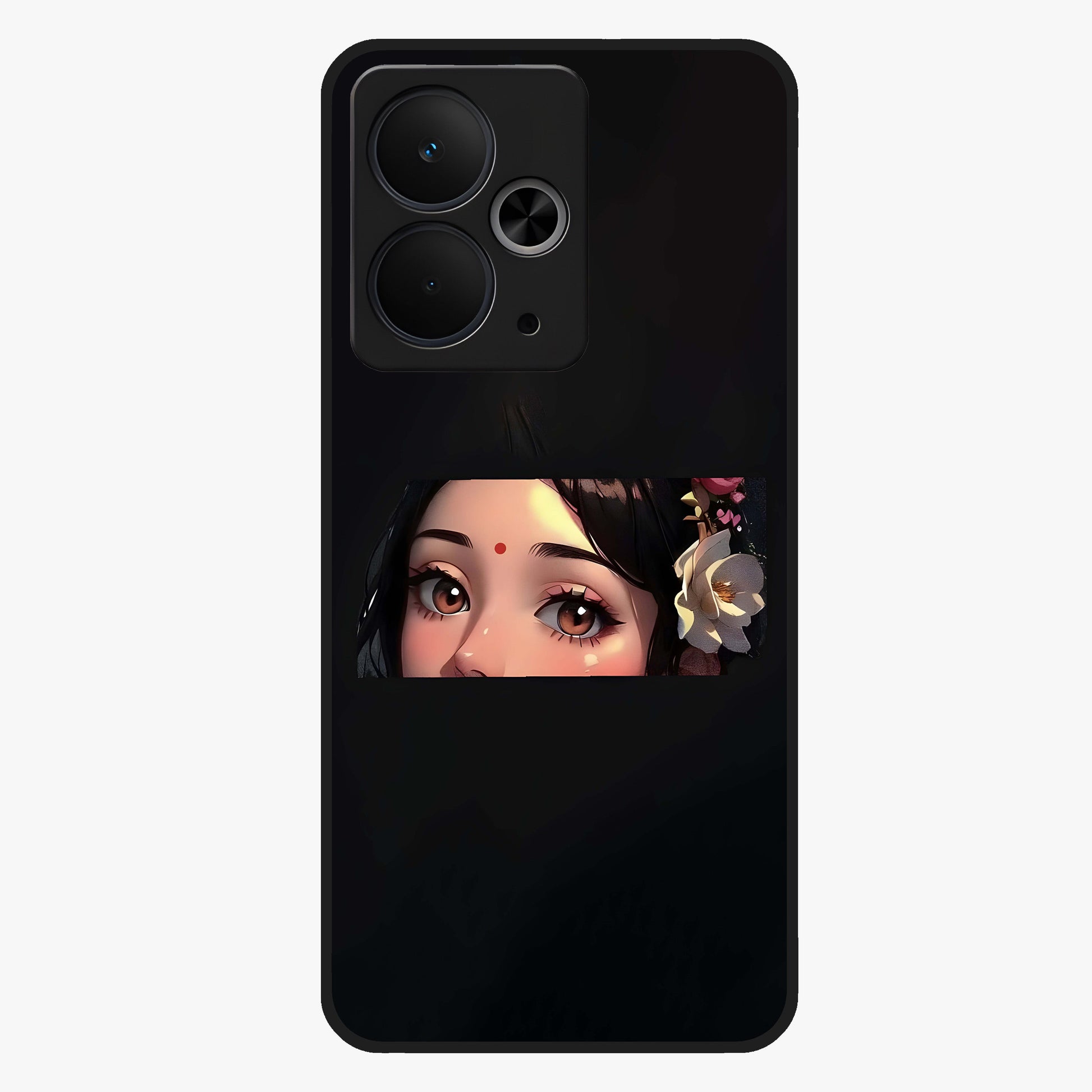 Radha Divine Embrace Glass Case showing flat back view with devotional Radha artwork and glossy glass finish.