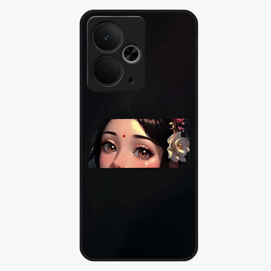 Radha Divine Embrace Glass Case showing flat back view with devotional Radha artwork and glossy glass finish.